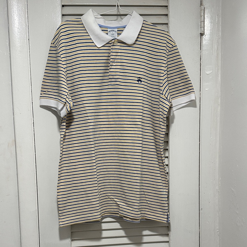Brooks Brothers Cream and Navy Striped Polo with White Collar